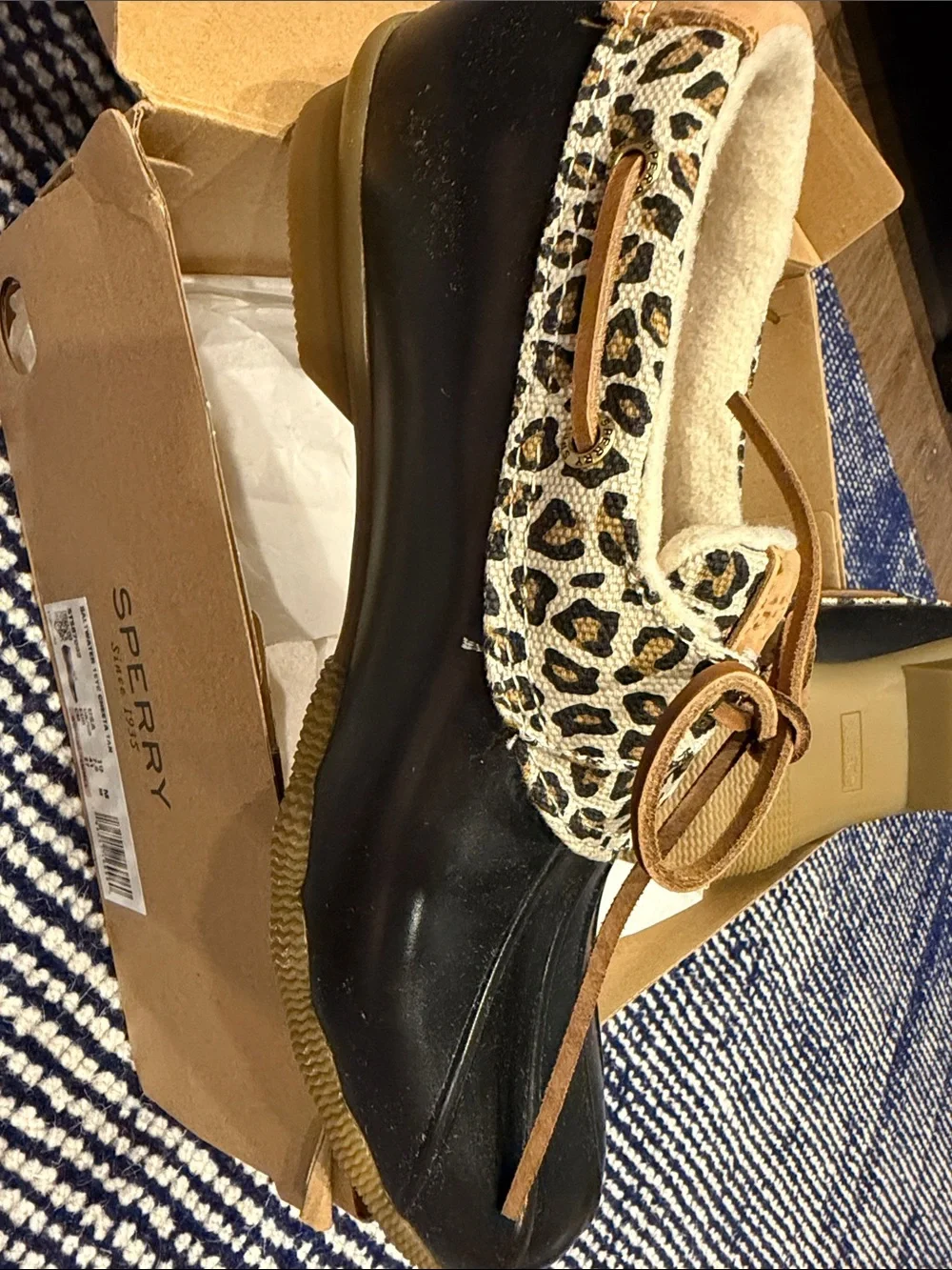 Sperry Black Duck Boot with Leopard Cuff and Tan Laces